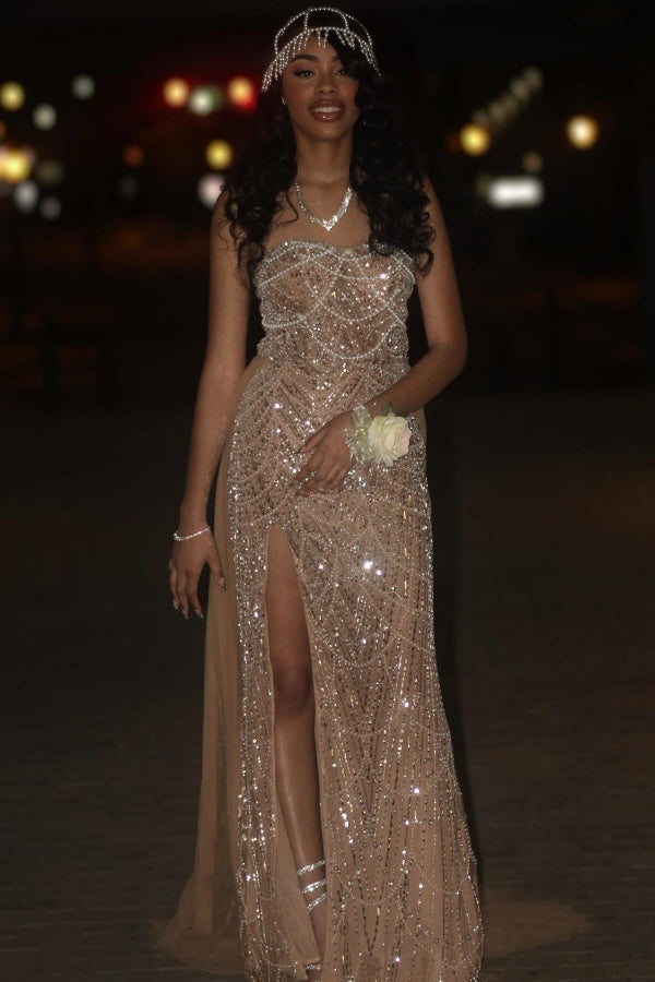 Long Strapless Sequined Mermaid Formal Prom Dresses with Slit