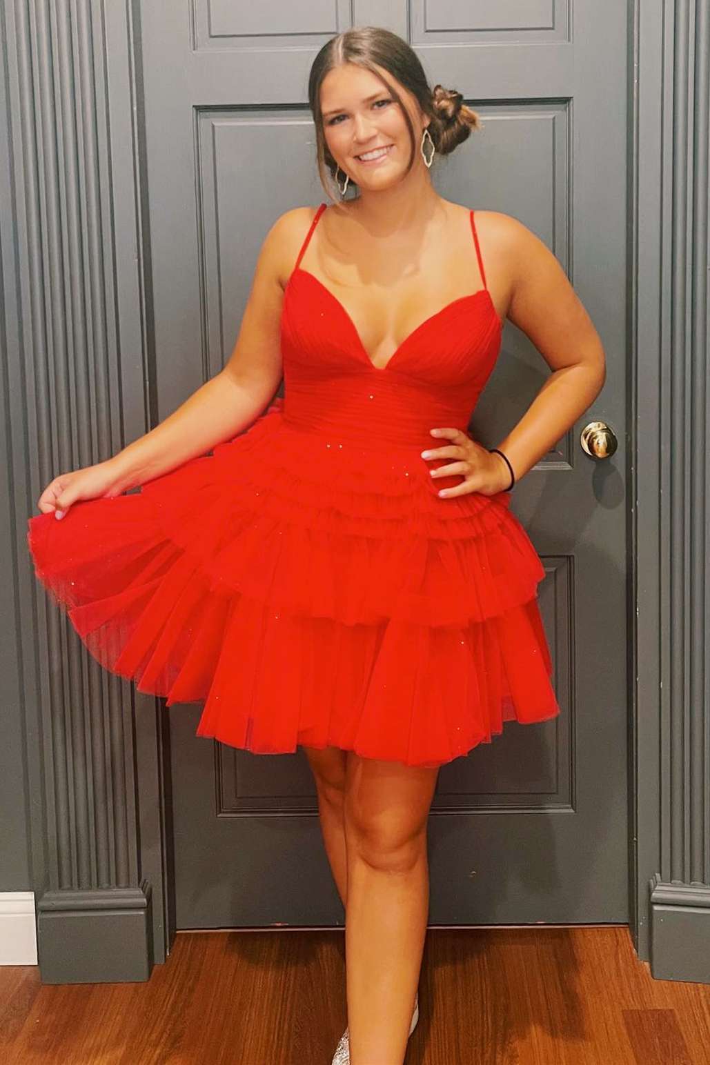 Straps Light Blue V-Neck Ruffle Homecoming Dress