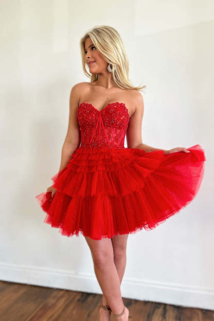 Sweetheart Red Lace Corset Tiered Short Homecoming Dress