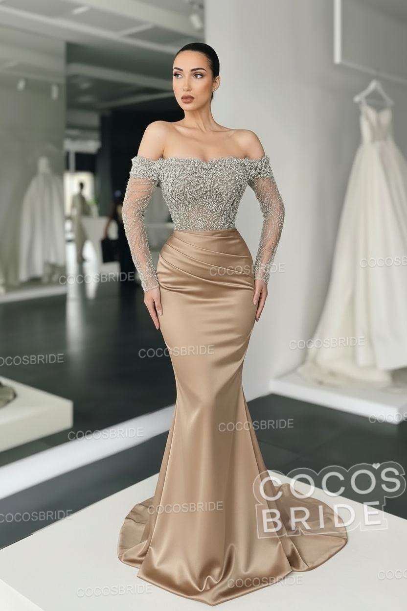 Long Mermaid Off the Shoulder Satin Prom Dress with Sleeves