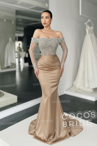 Long Mermaid Off the Shoulder Satin Prom Dress with Sleeves