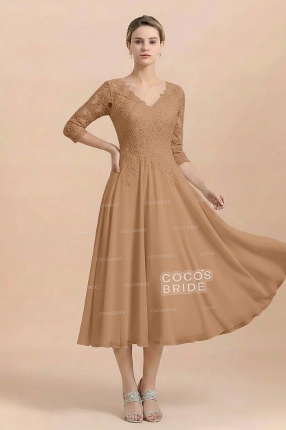 A-Line V-Neck 3/4 Sleeves Chiffon Short Mother Of The Bride Dresses With Lace