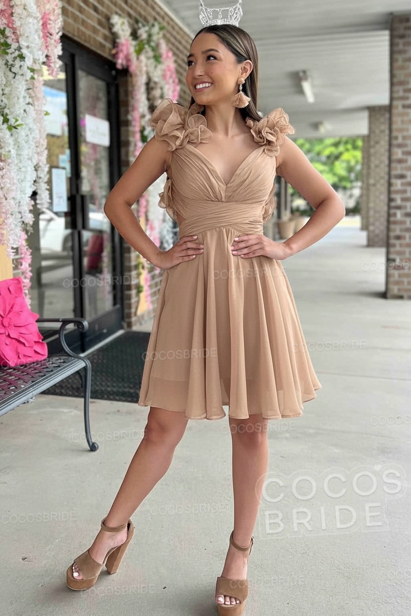 V-Neck Sky Blue Short Chiffon A-Line Party Dress