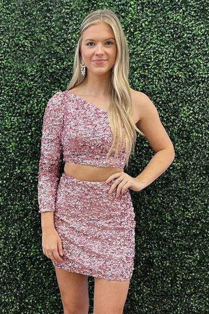 Two Piece Tiffany Blue One Shoulder Tight Homecoming Dress