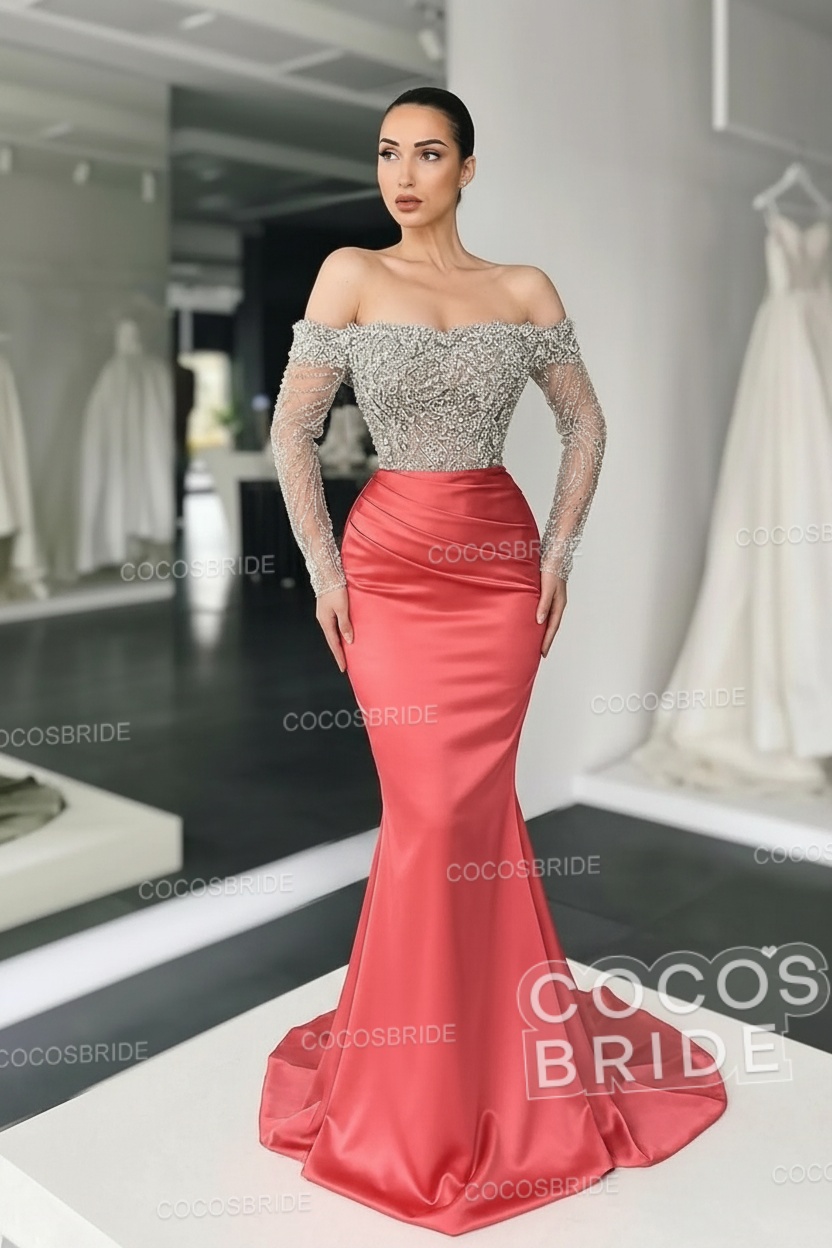 Long Mermaid Off the Shoulder Satin Prom Dress with Sleeves