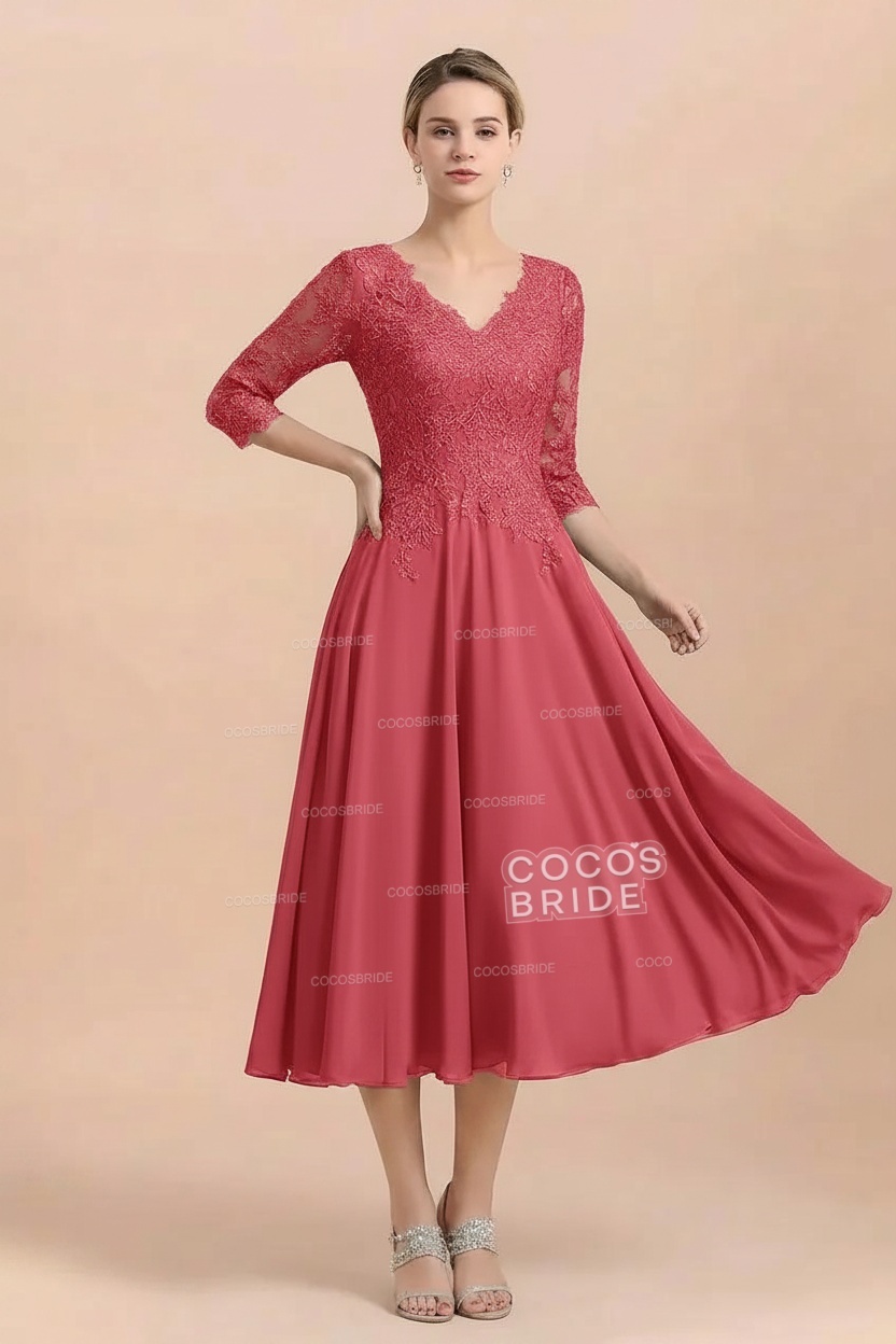 A-Line V-Neck 3/4 Sleeves Chiffon Short Mother Of The Bride Dresses With Lace