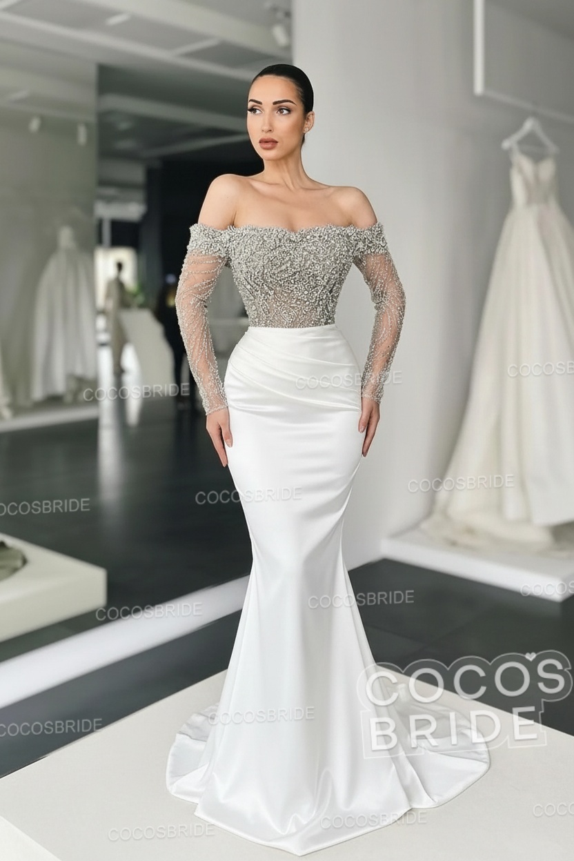 Long Mermaid Off the Shoulder Satin Prom Dress with Sleeves