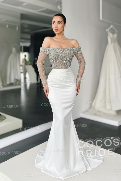 Long Mermaid Off the Shoulder Satin Prom Dress with Sleeves