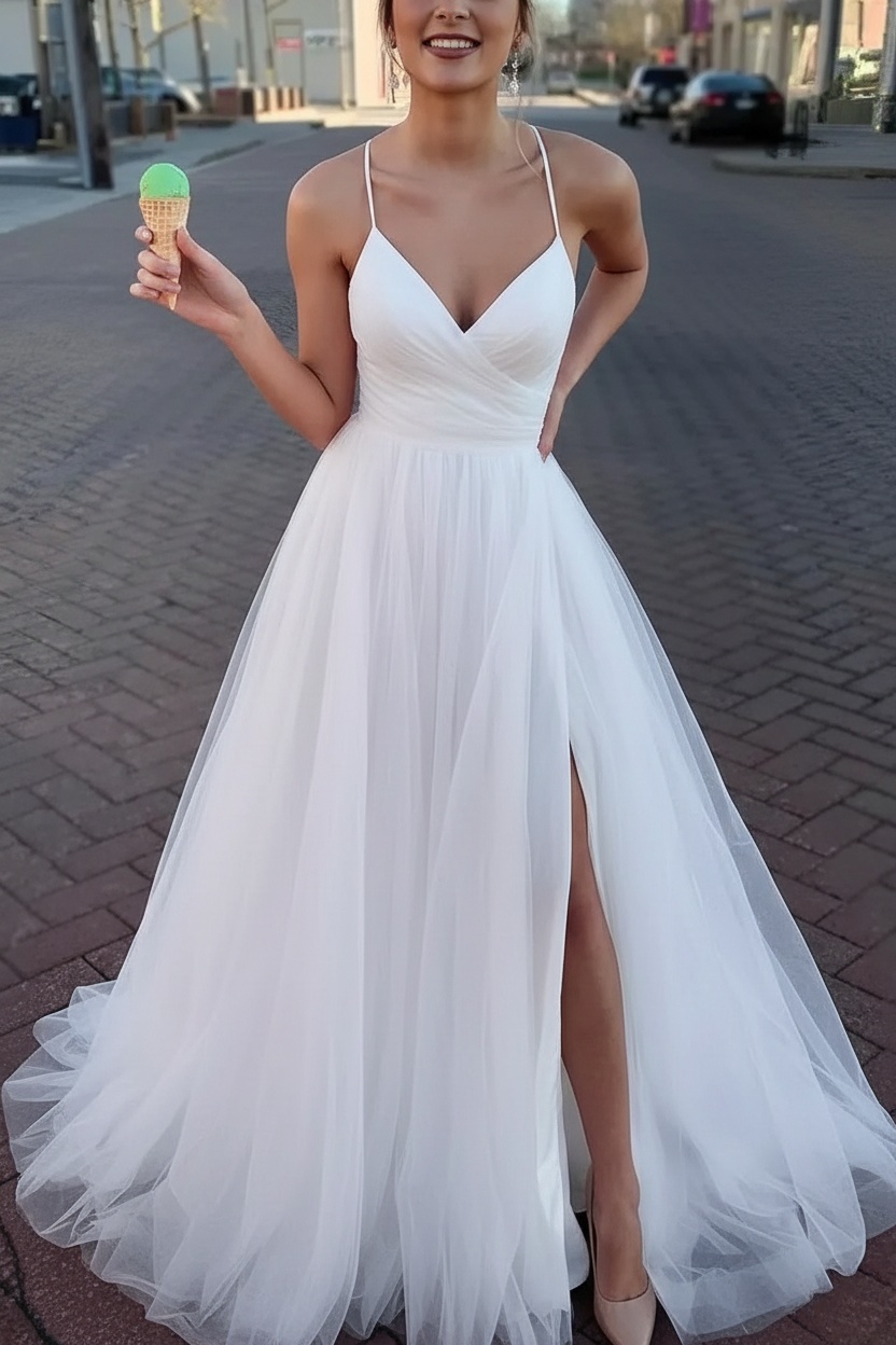 Long Spaghetti Straps V-neck A-Line Tulle Prom Dress With Side Slit