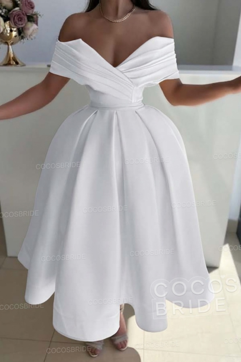 Off the Shoulder A-Line Satin Prom Dress with Pleated