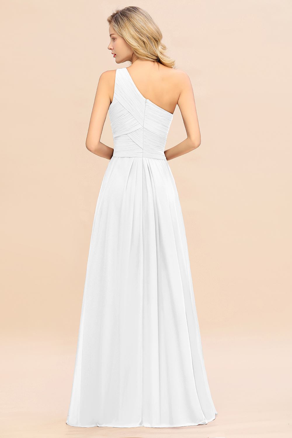 Elegant White A-line Chiffon Ruffles One Shoulder Long Bridesmaid Dress