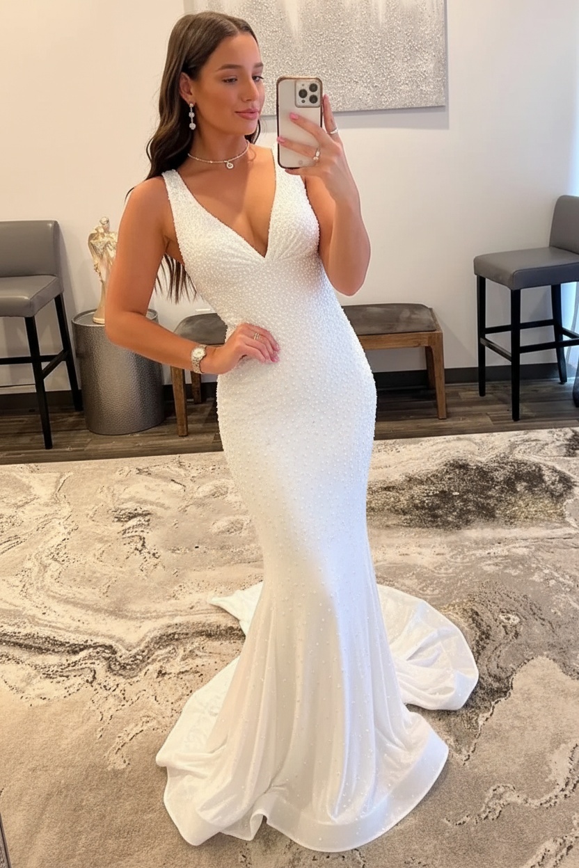 Orange Long Mermaid V neck Sequin Backless Prom Dress