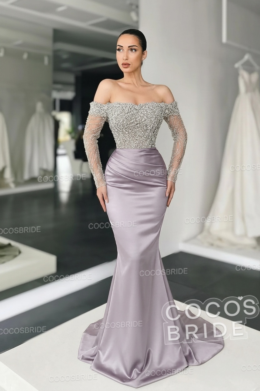 Long Mermaid Off the Shoulder Satin Prom Dress with Sleeves
