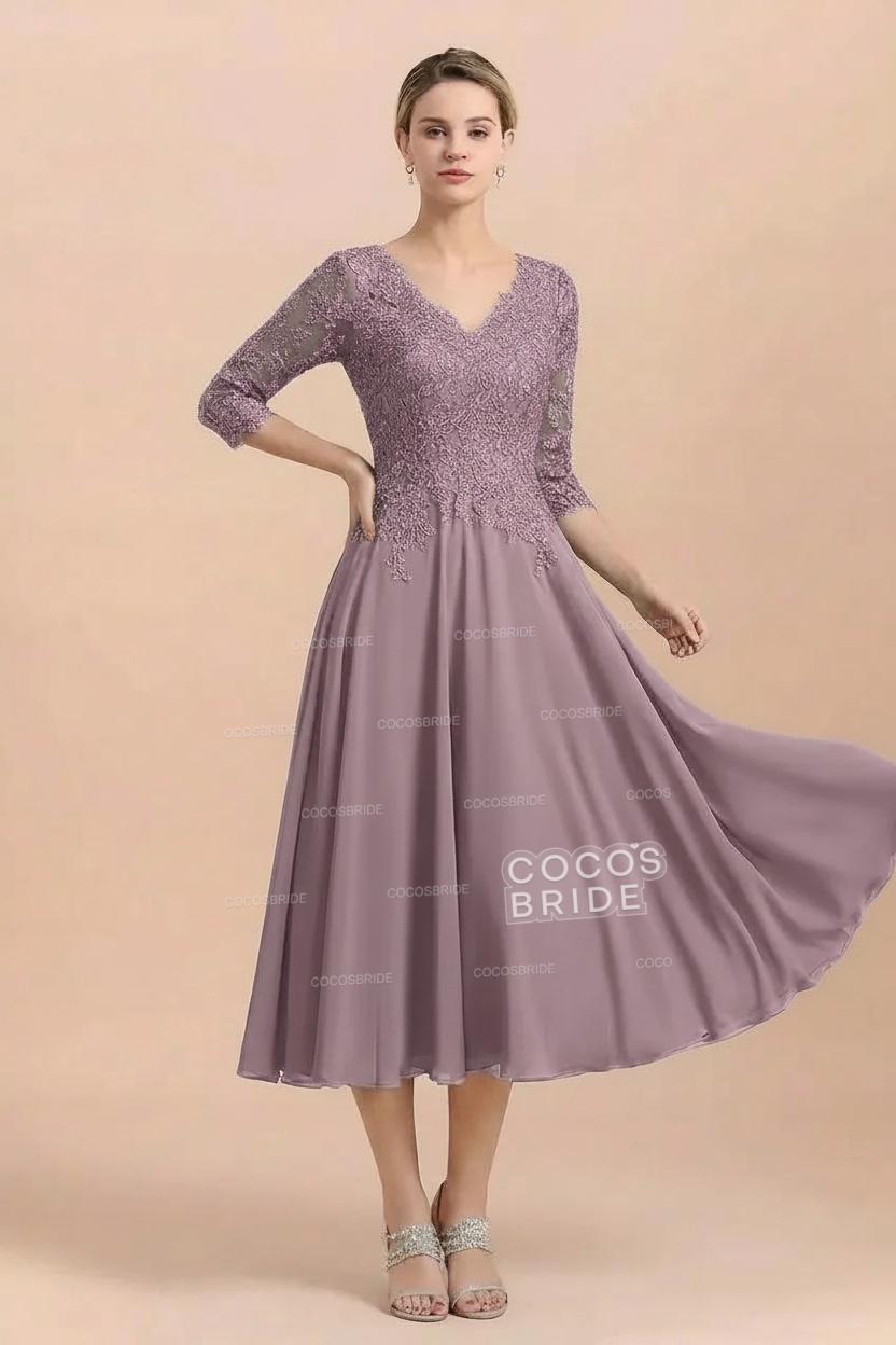 A-Line V-Neck 3/4 Sleeves Chiffon Short Mother Of The Bride Dresses With Lace