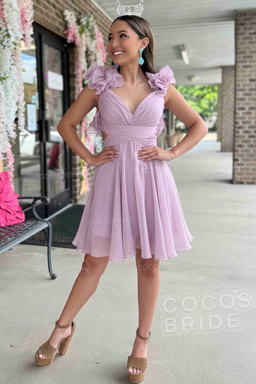 V-Neck Sky Blue Short Chiffon A-Line Party Dress
