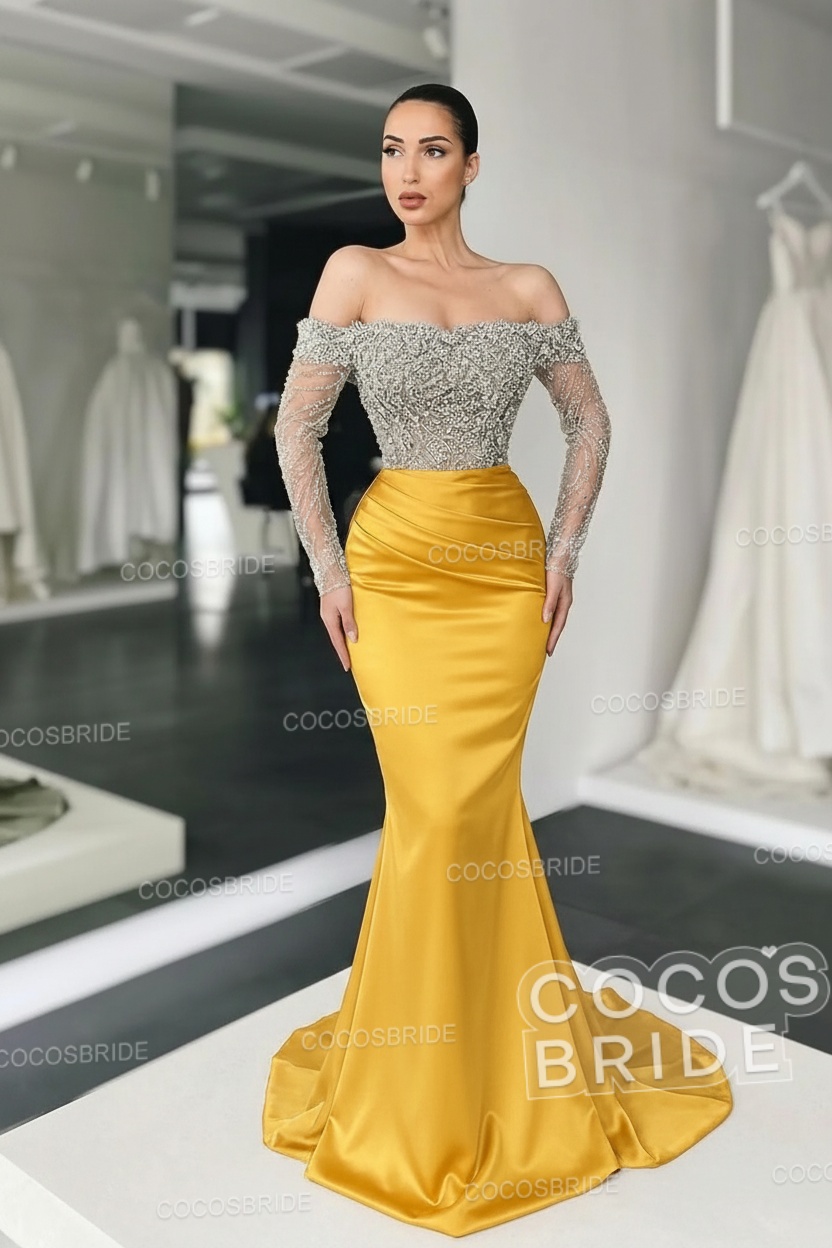 Long Mermaid Off the Shoulder Satin Prom Dress with Sleeves