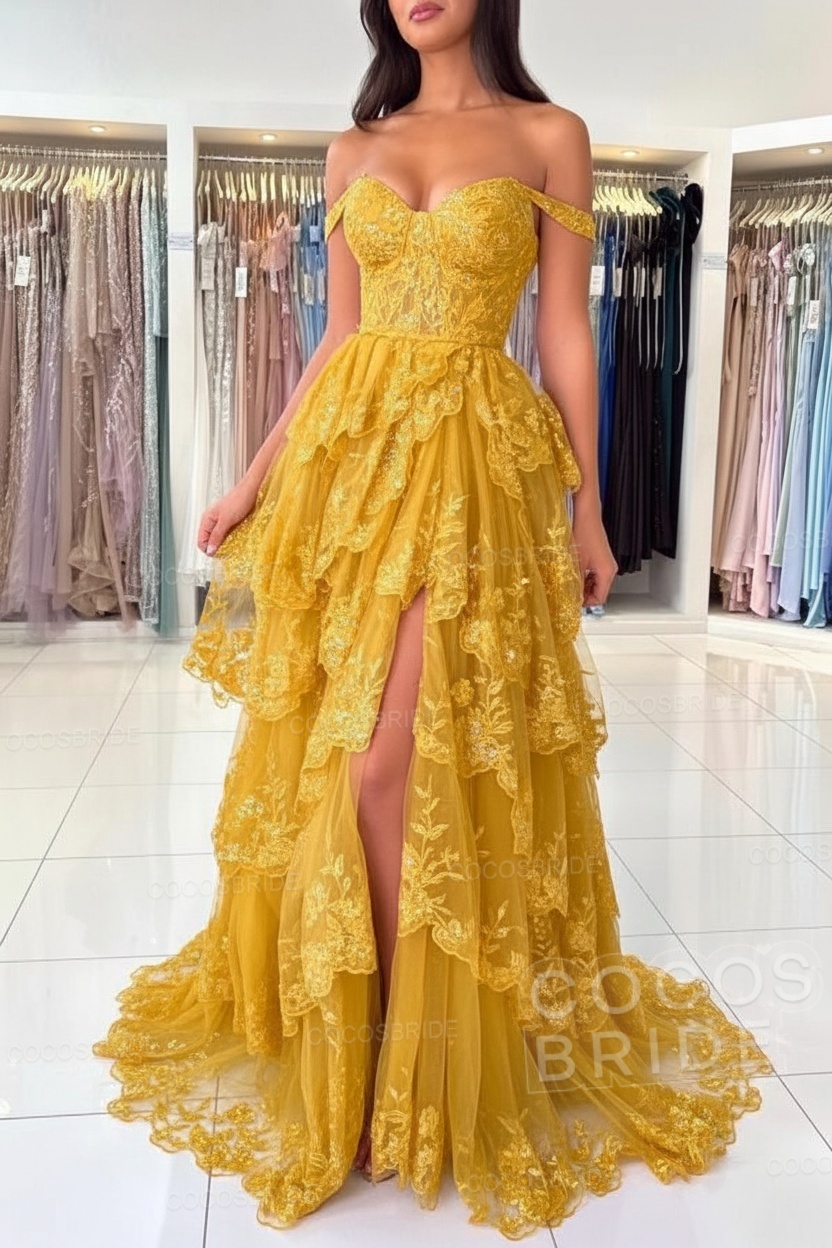 Off The Shoulder Sweetheart Lace A-Line Long Prom Dress with Slit