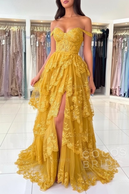 Off The Shoulder Sweetheart Lace A-Line Long Prom Dress with Slit