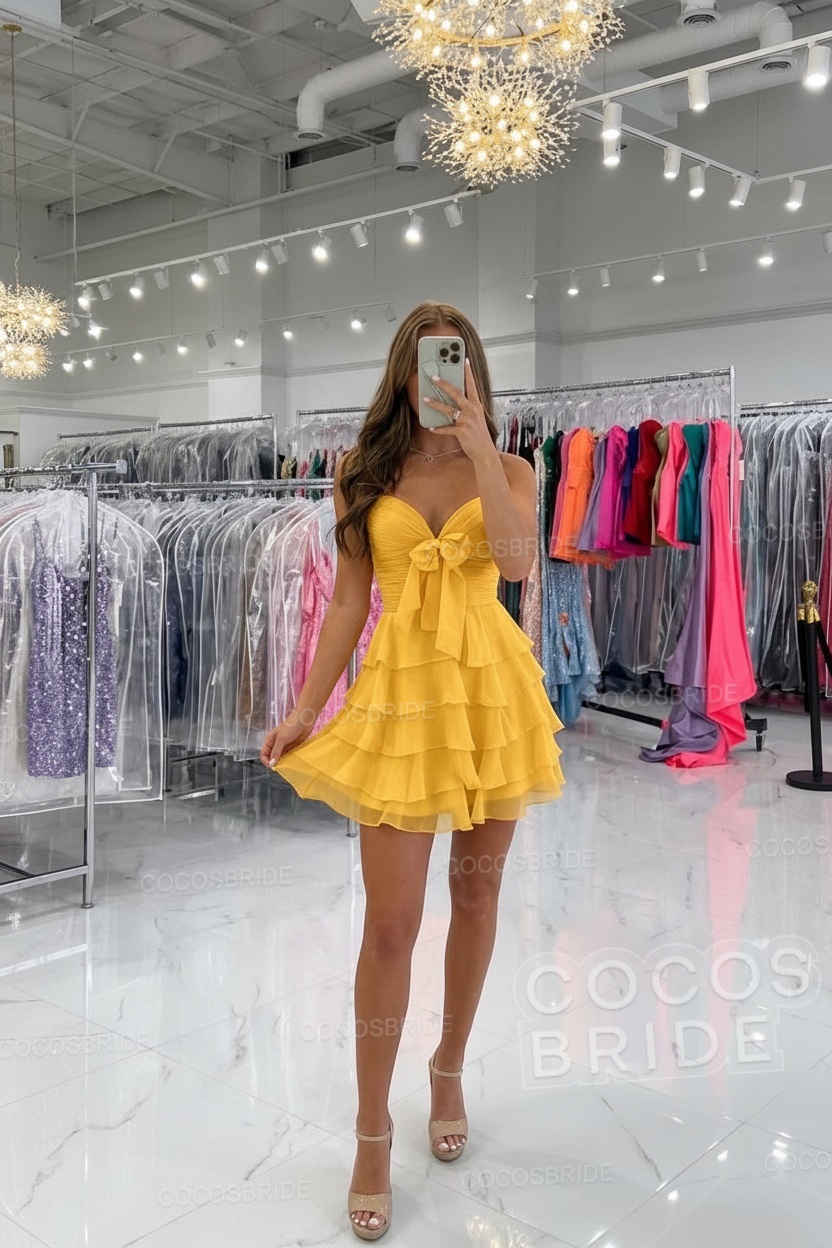 Short Spaghetti Straps A Line Chiffon Ruffles Homecoming Dresses With Bow