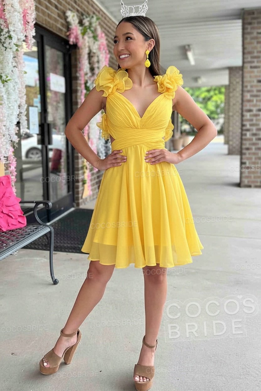 V-Neck Sky Blue Short Chiffon A-Line Party Dress