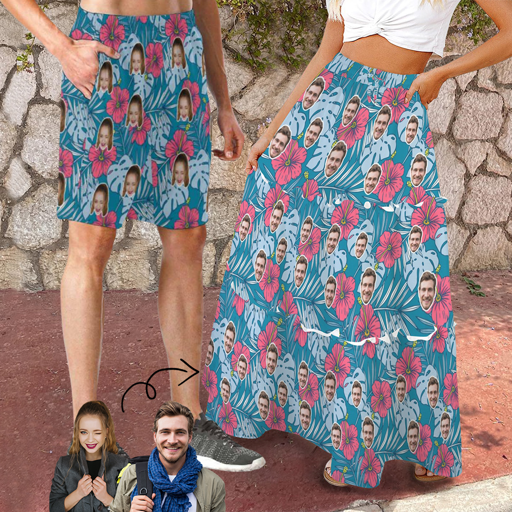 Custom Your Face Matching Couple Beachwear – Personalized Beach Pants & Skirt Set