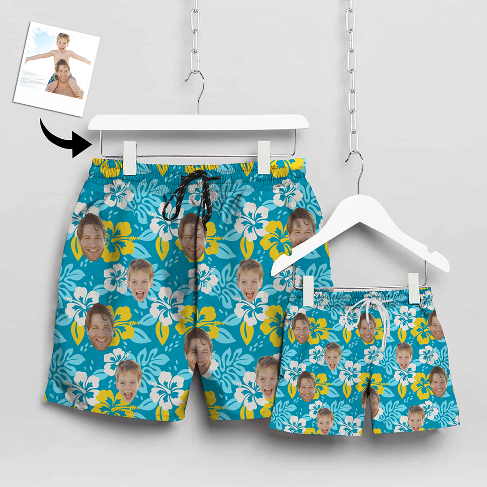Custom Matching Father Son Swim Trunks Green Beach Shorts | Personalized Photo Print Swimwear | Beach Vacation Gift Set