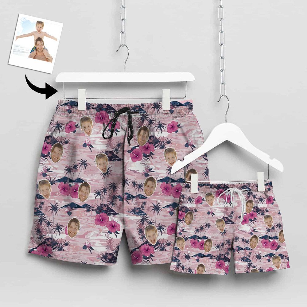 Custom Matching Father Son Swim Trunks Pink Beach Shorts | Personalized Photo Print Swimwear | Beach Vacation Gift Set