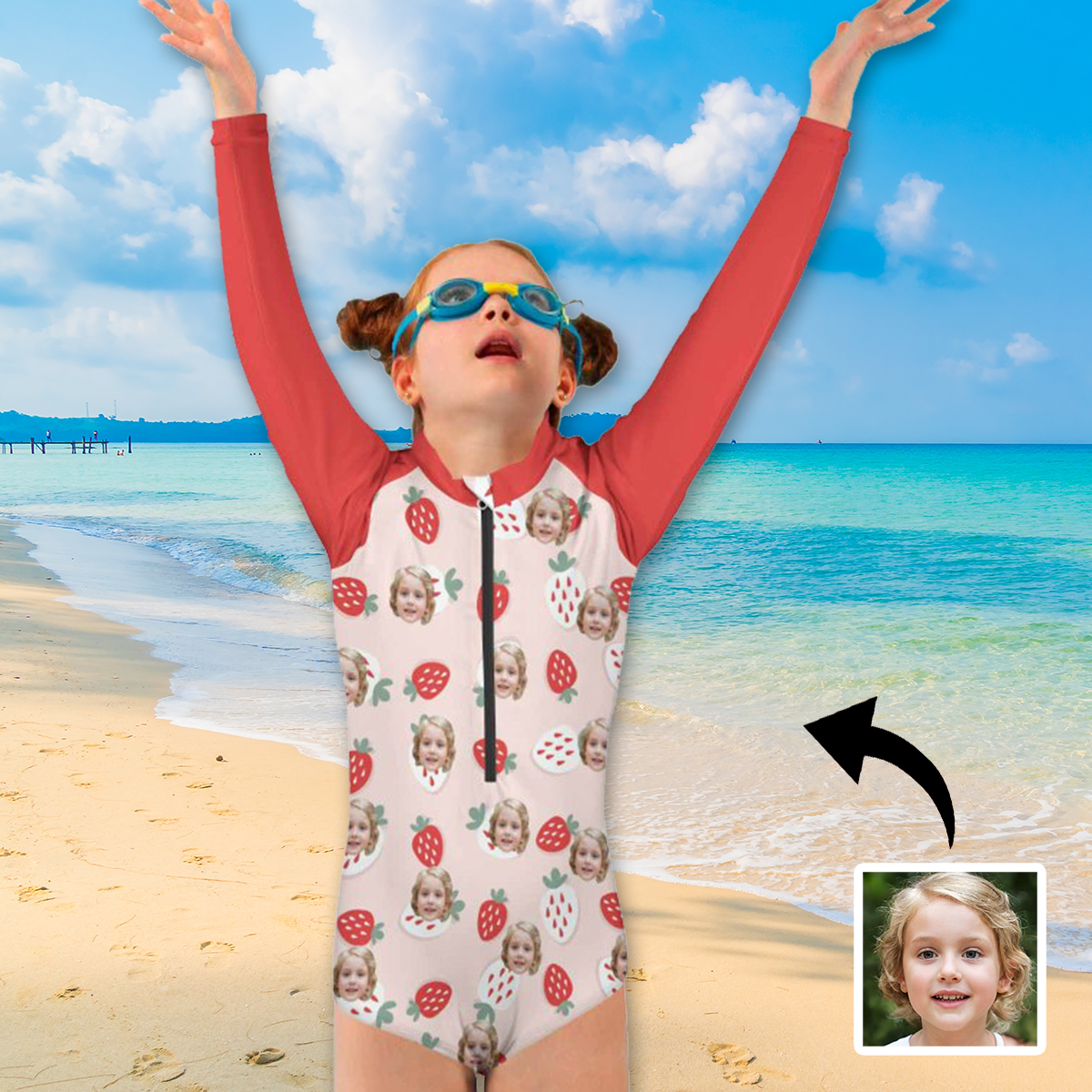 Custom Face Strawberry Girls' Long Sleeve One-Piece Swimsuit