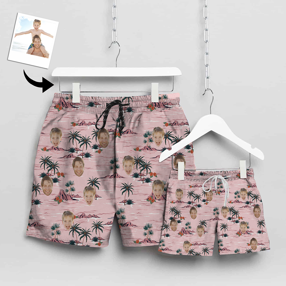 Custom Matching Father Son Swim Trunks Pink Coconut Tree Beach Shorts | Personalized Photo Print Swimwear | Beach Vacation Gift Set