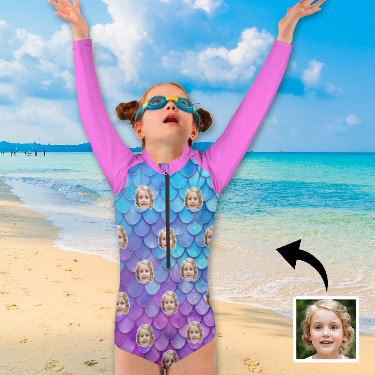 Custom Face Carp Girls' Long Sleeve One-Piece Swimsuit