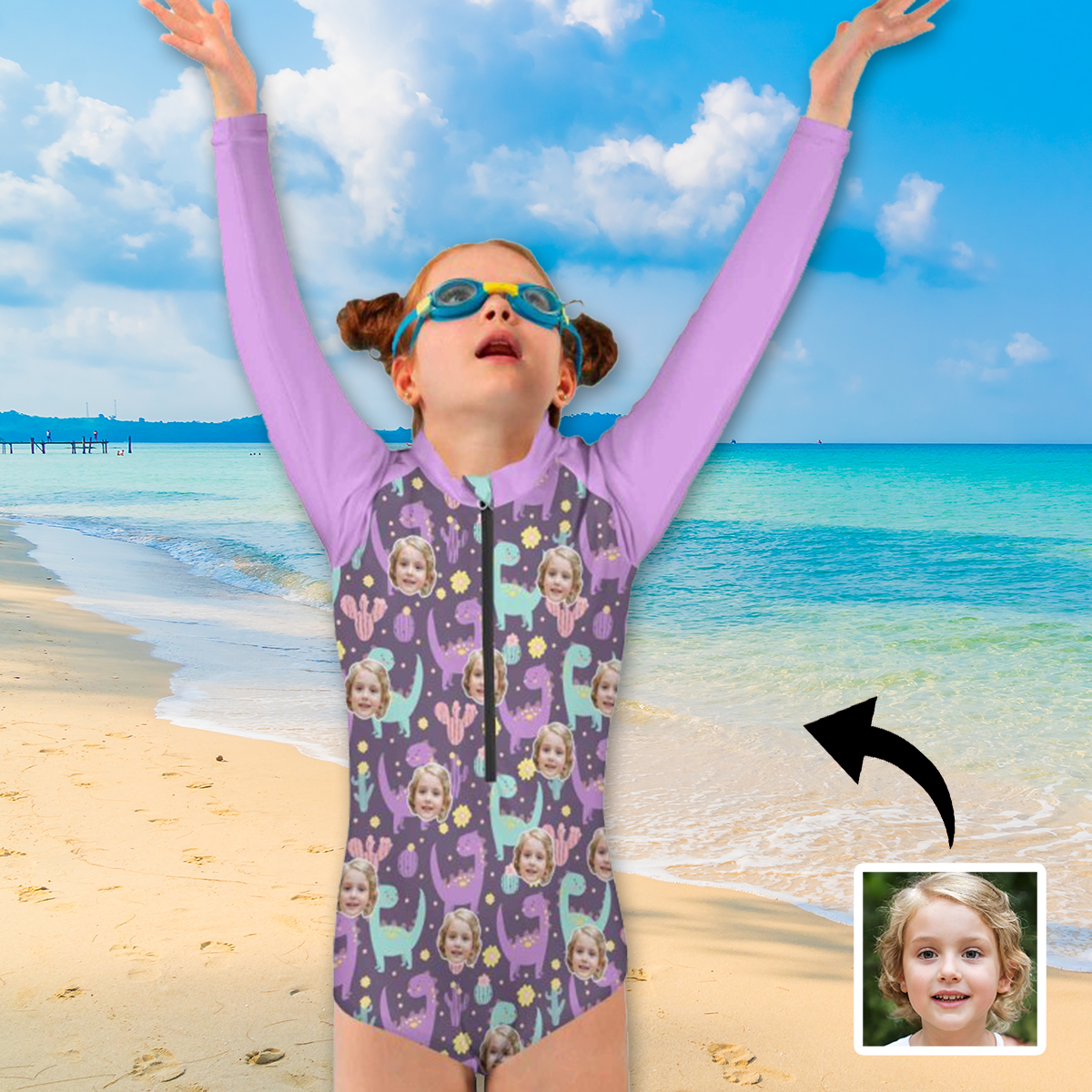 Custom Face Purple Dinosaur Girls' Long Sleeve One-Piece Swimsuit