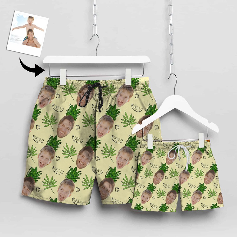 Custom Matching Father Son Swim Trunks Pineapples Beach Shorts | Personalized Photo Print Swimwear | Beach Vacation Gift Set