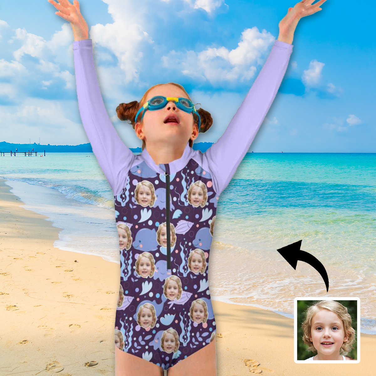 Custom Face Purple Fish Girls' Long Sleeve One-Piece Swimsuit