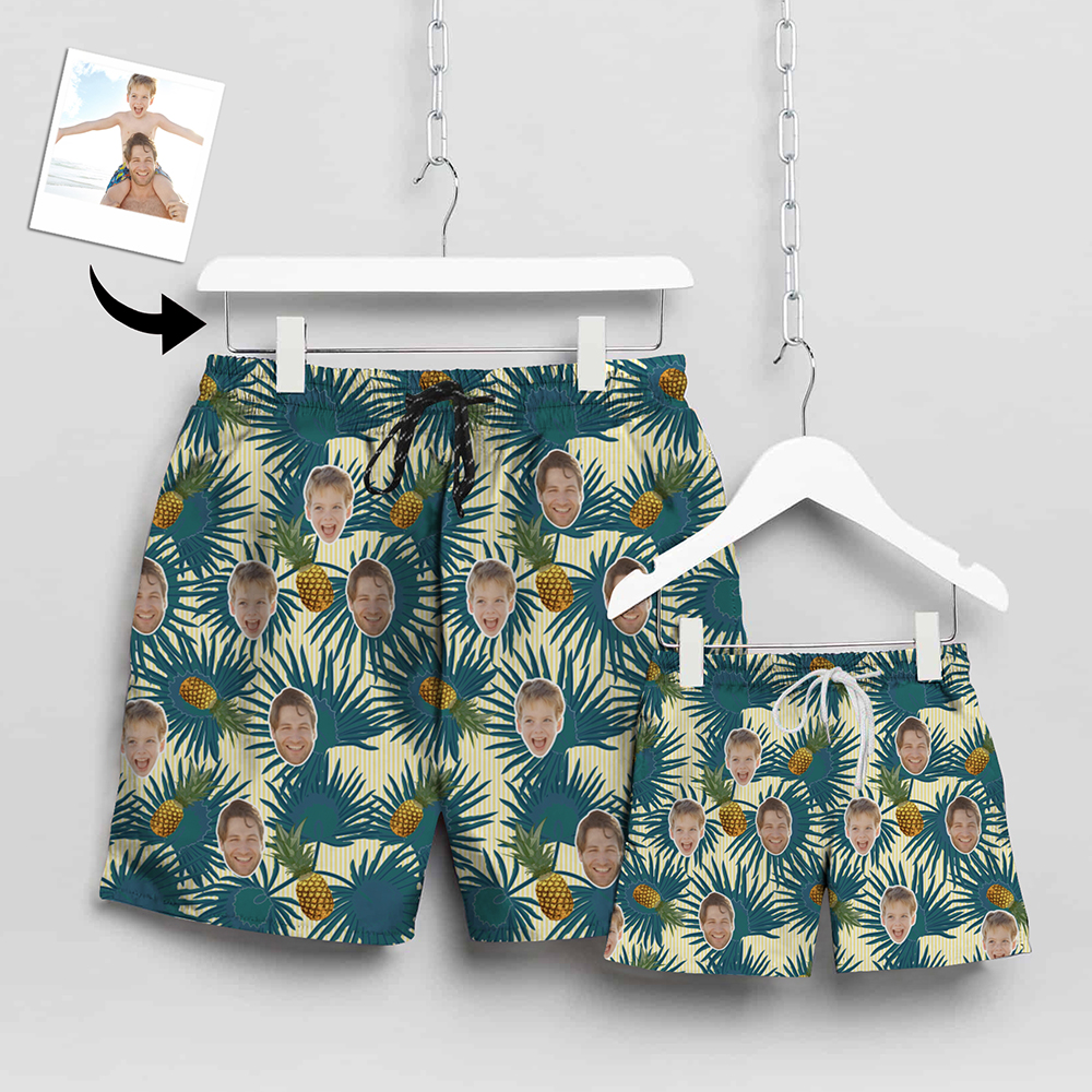 Custom Matching Father Son Swim Trunks Pineapples Beach Shorts | Personalized Photo Print Swimwear | Beach Vacation Gift Set