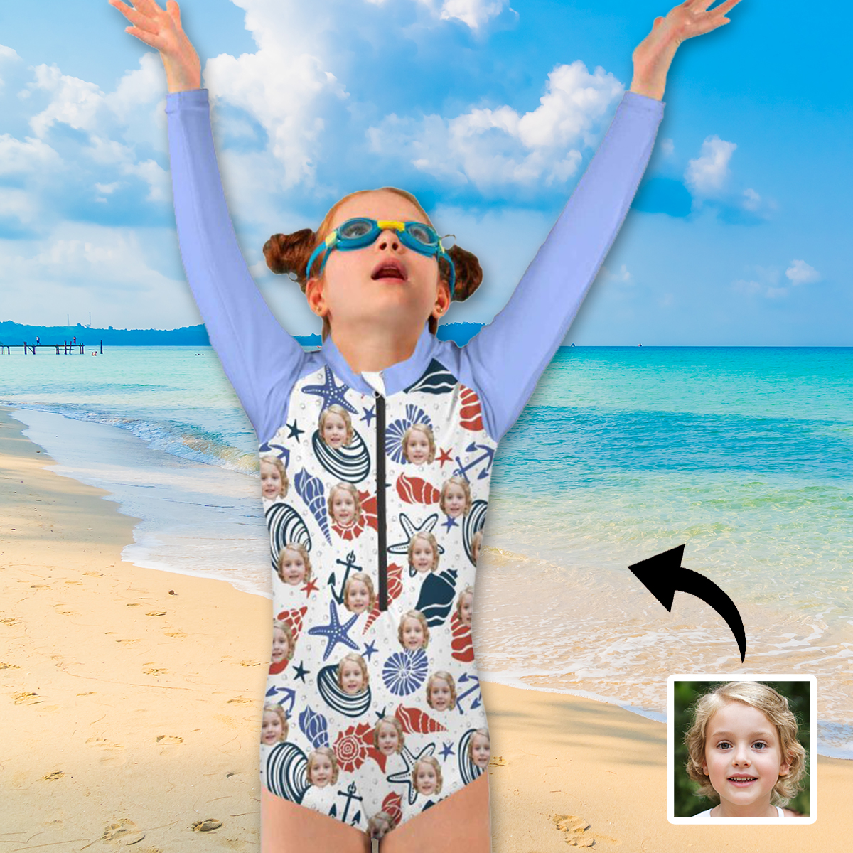 Custom Face Blue Shell Girls' Long Sleeve One-Piece Swimsuit