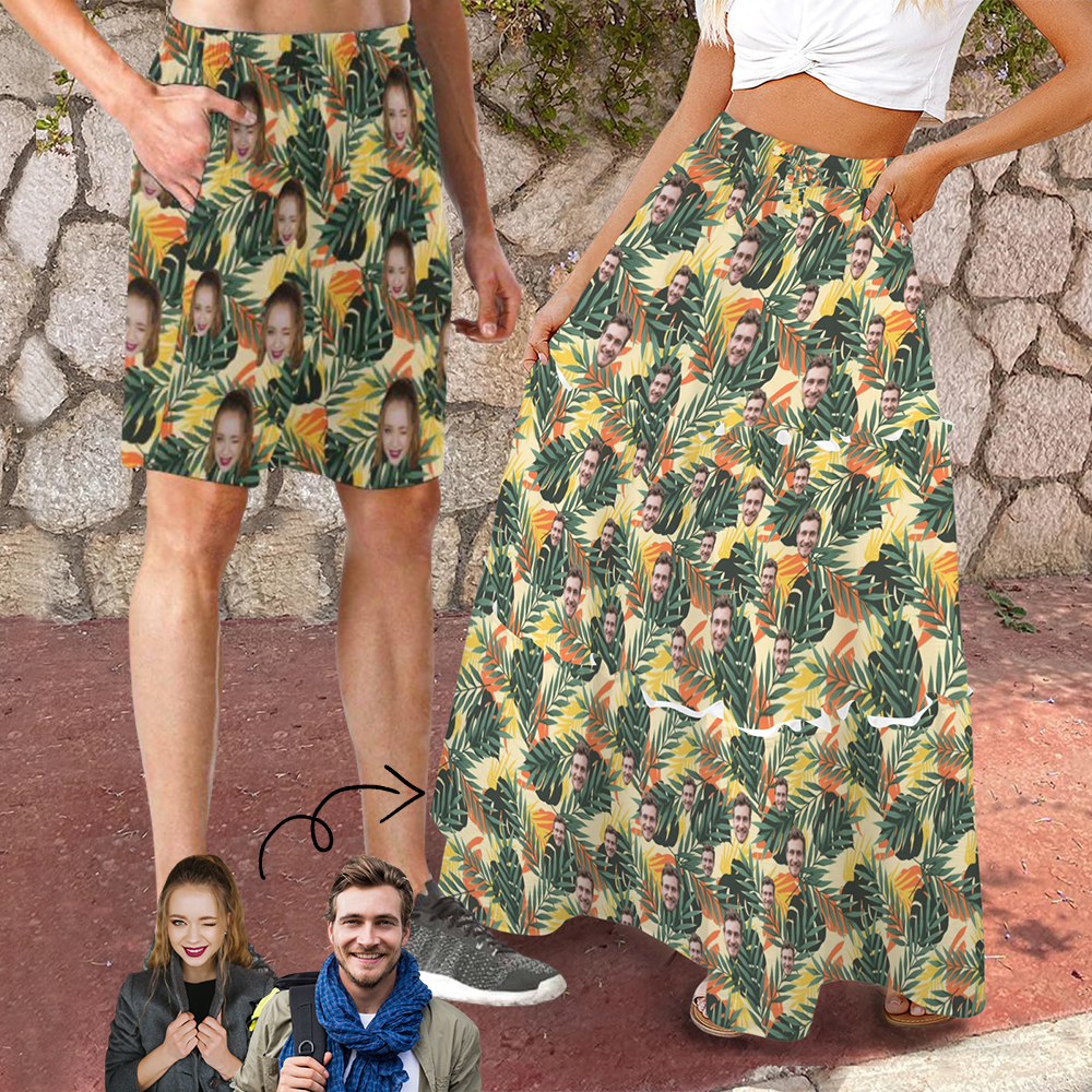 Custom Your Face Matching Couple Beachwear – Personalized Beach Pants & Skirt Set