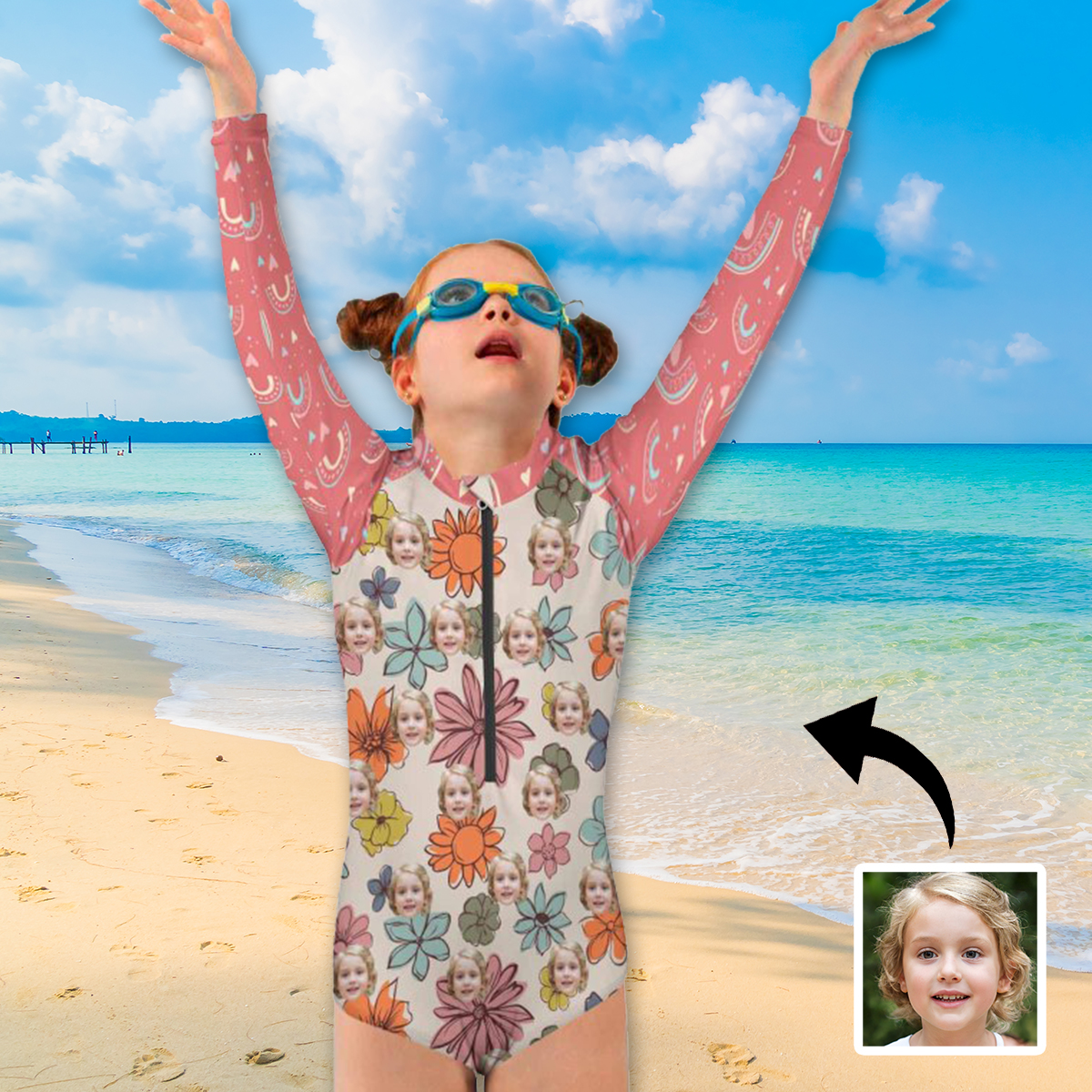 Custom Face Pink Flowers Girls' Long Sleeve One-Piece Swimsuit