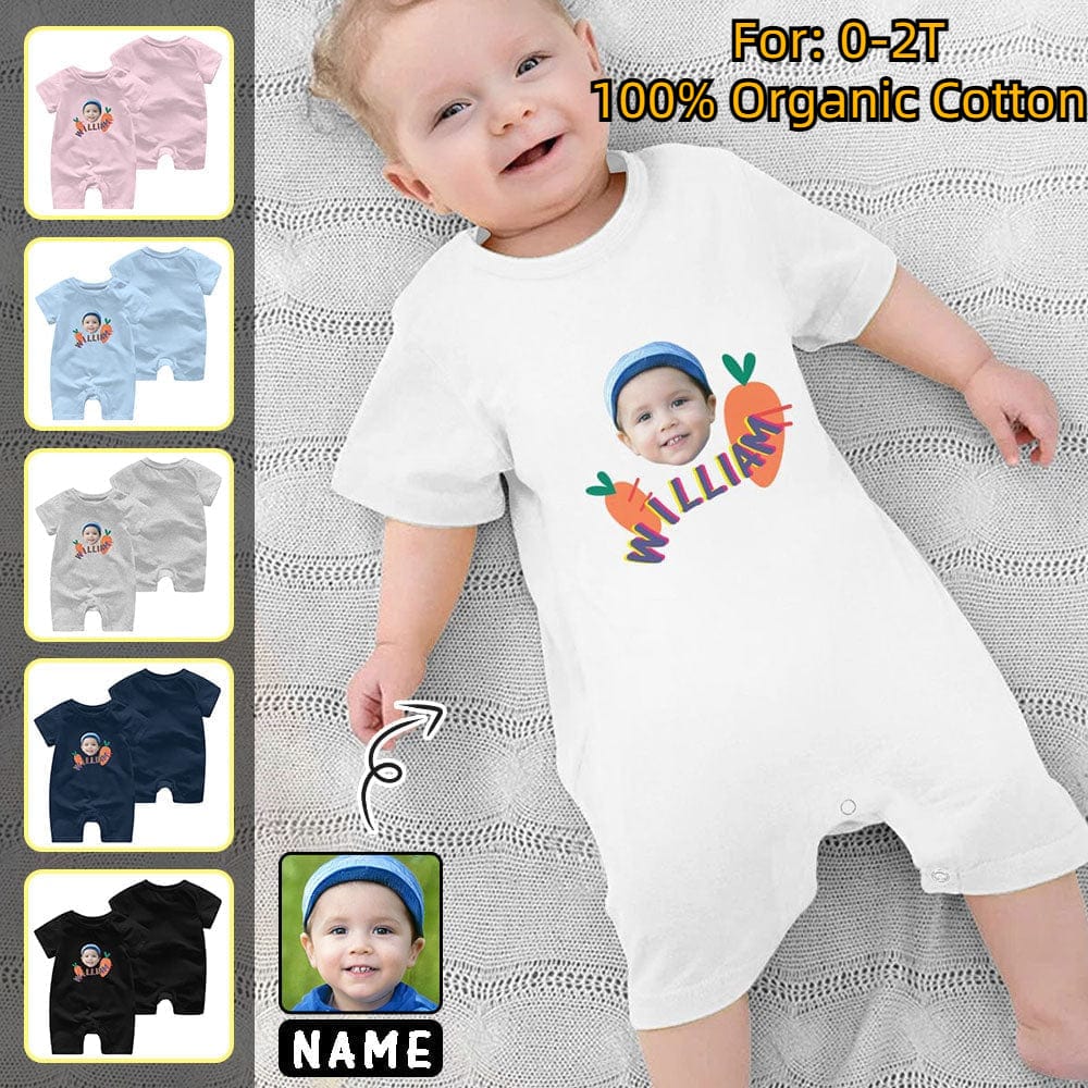Custom #0-2T-Custom Face&Name Carrot Baby Short Sleeve Rompers 100% Organic Cotton Jumpsuit One-piece Coverall and Layette Set - YesCustom