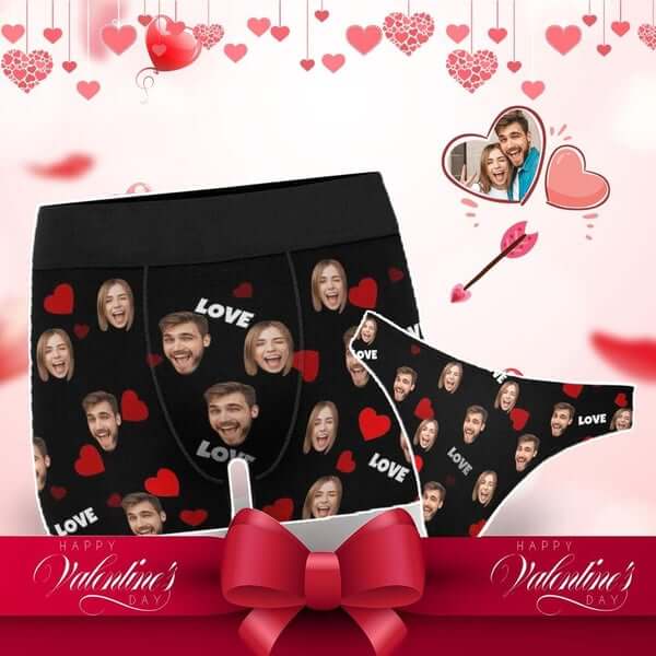 Custom Custom Face Heart Women's Classic Thong&Men's Boxer Briefs Personalized Underwear For Couple Valentine's Day Gift - YesCustom