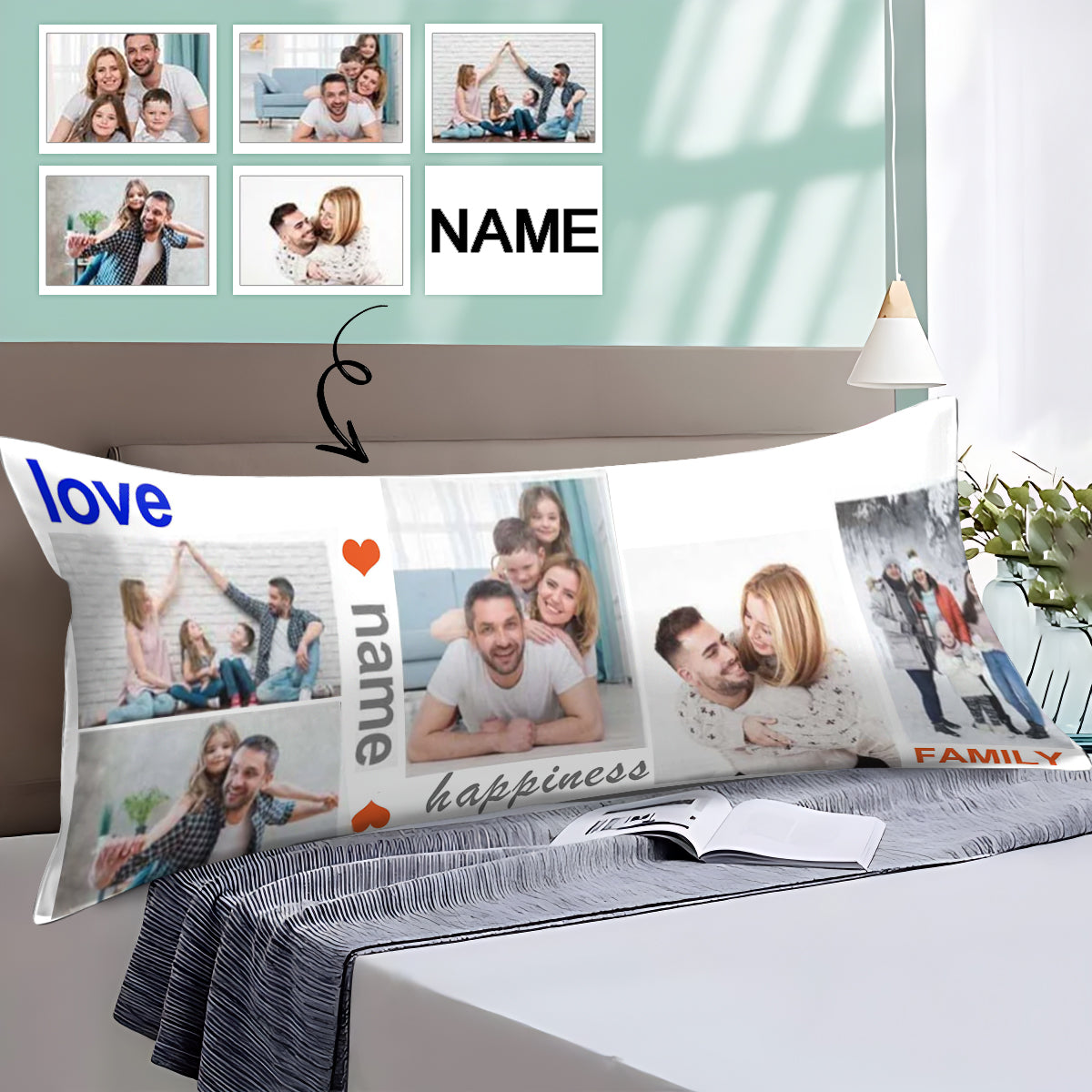 Custom Photo&Name Happiness Family Body Pillow Case Design Pillow Cover with Personalized Pictures 20"x54"
