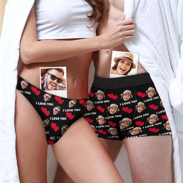 Custom Custom couple matching underwear love heart with face personalized mens boxer briefs womens classic thongs, Valentine's Day Gift - YesCustom