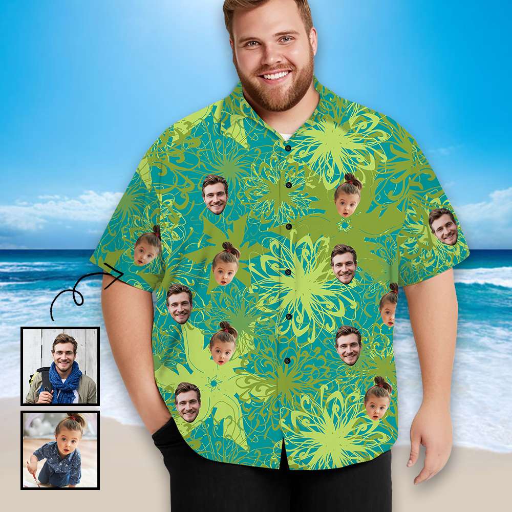 Custom Face Green Men's All Over Print Hawaiian Shirt