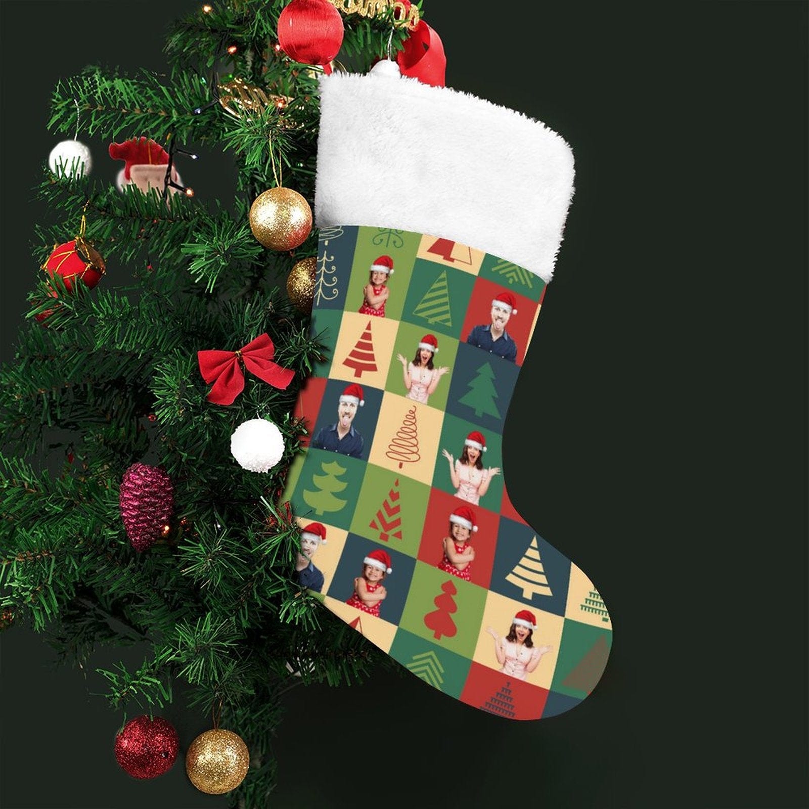 Custom 16.5in(L) Super Size-Custom Family Face Christmas Tree Lattice Flip Sequins Christmas Stocking - YesCustom