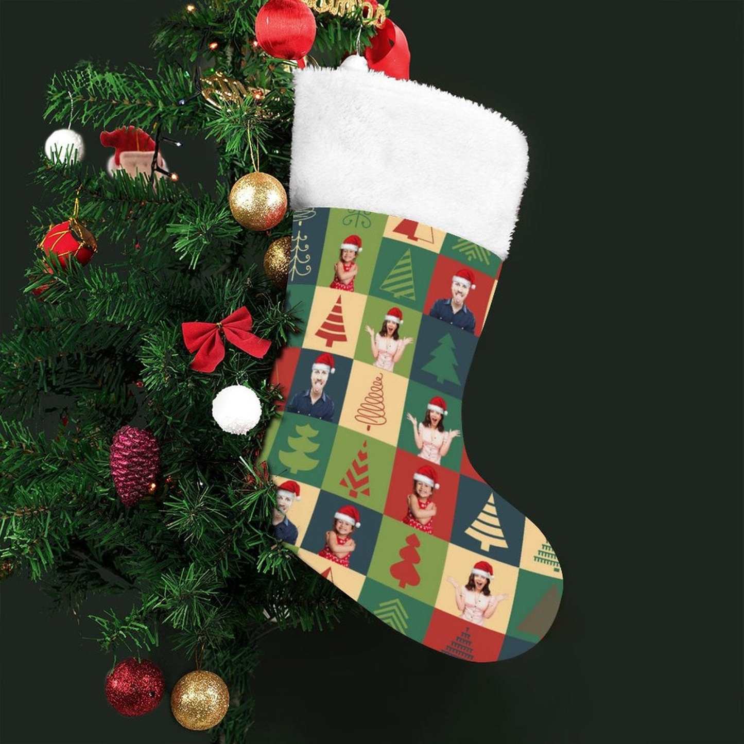 Custom 16.5in(L) Super Size-Custom Family Face Christmas Tree Lattice Flip Sequins Christmas Stocking - YesCustom