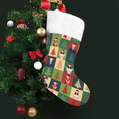 Custom 16.5in(L) Super Size-Custom Family Face Christmas Tree Lattice Flip Sequins Christmas Stocking - YesCustom