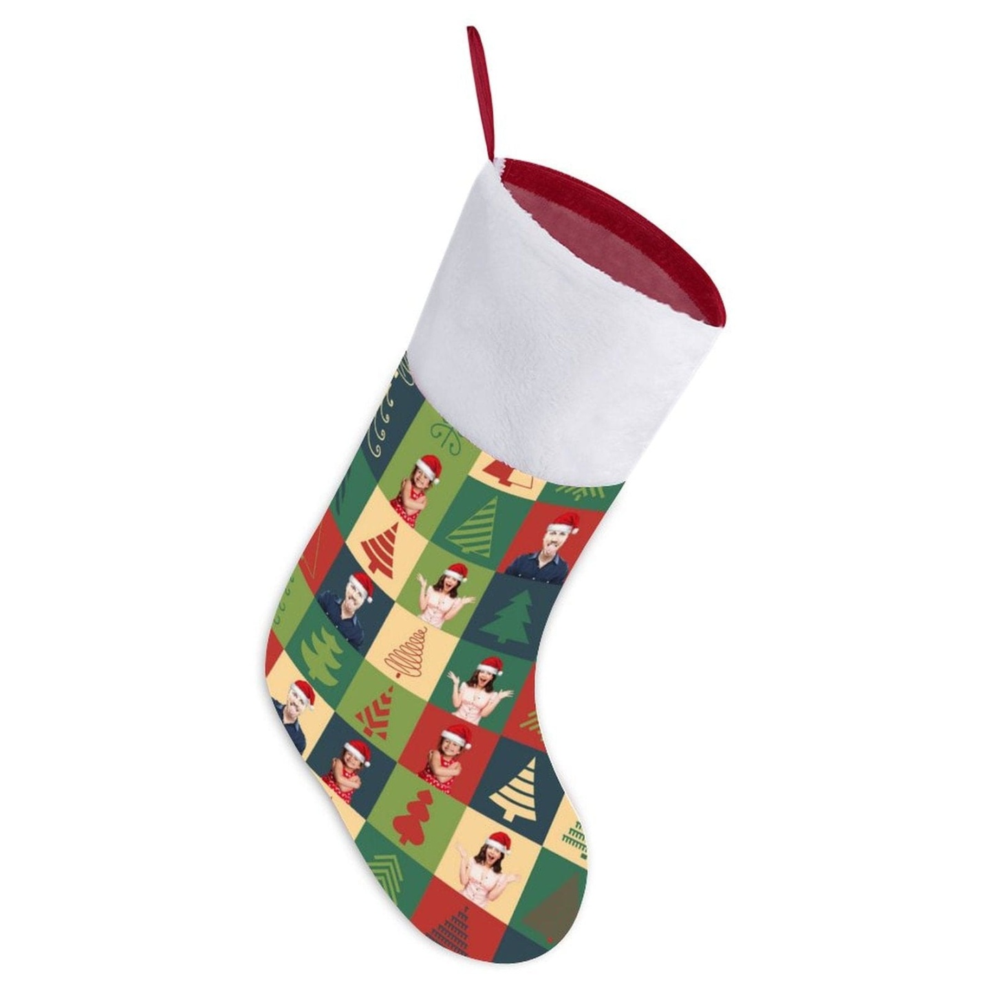 Custom 16.5in(L) Super Size-Custom Family Face Christmas Tree Lattice Flip Sequins Christmas Stocking - YesCustom