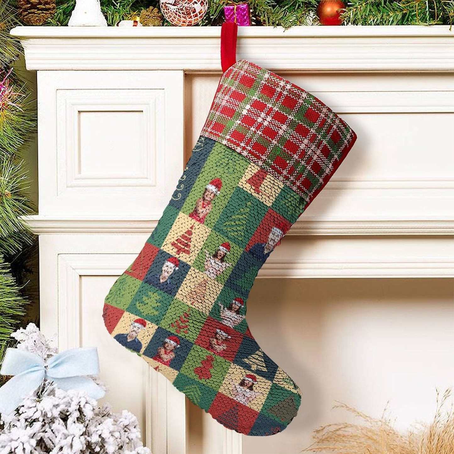 Custom 16.5in(L) Super Size-Custom Family Face Christmas Tree Lattice Flip Sequins Christmas Stocking - YesCustom