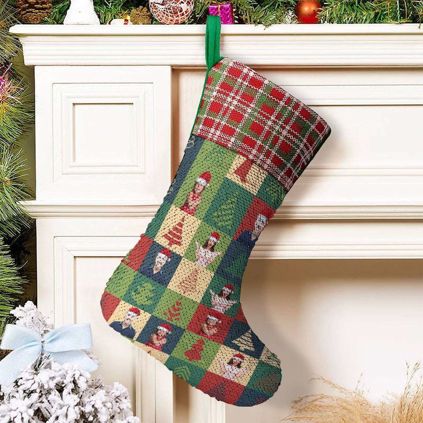 Custom 16.5in(L) Super Size-Custom Family Face Christmas Tree Lattice Flip Sequins Christmas Stocking - YesCustom