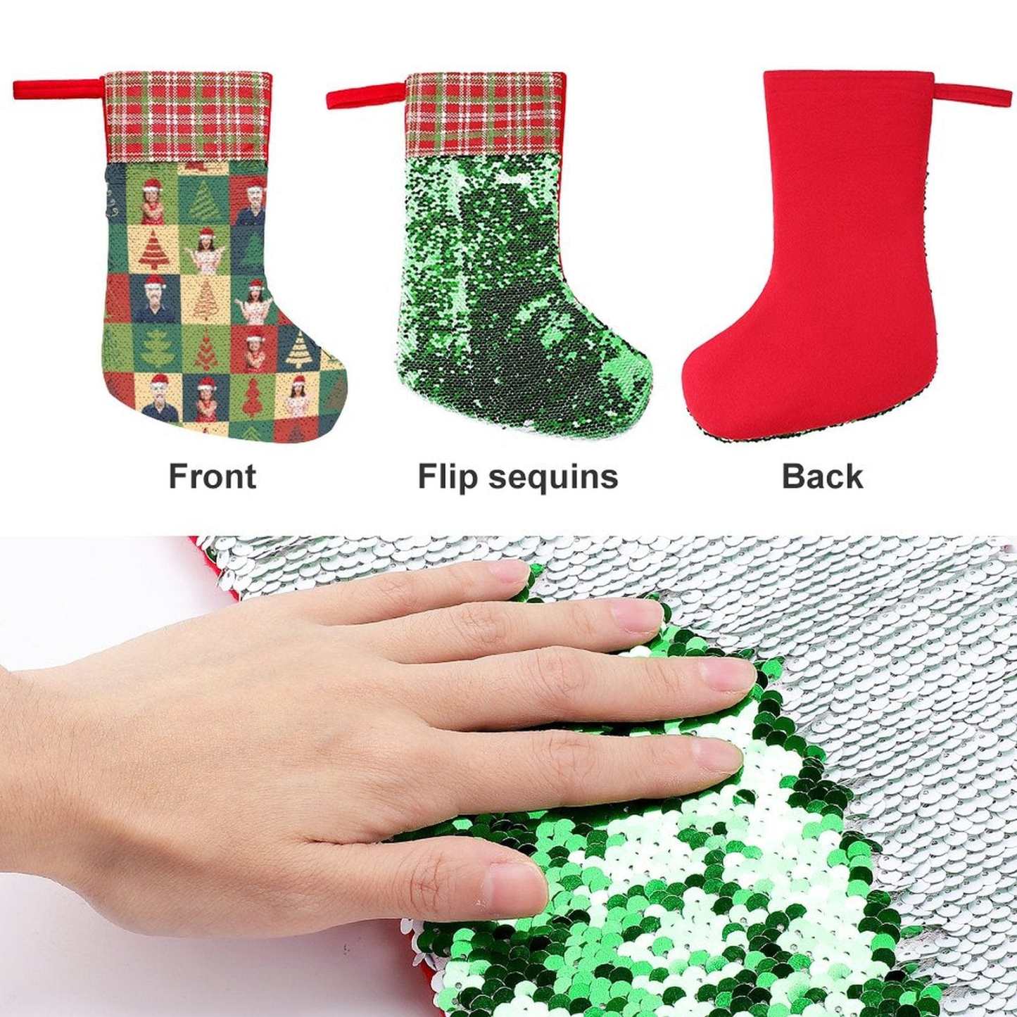 Custom 16.5in(L) Super Size-Custom Family Face Christmas Tree Lattice Flip Sequins Christmas Stocking - YesCustom