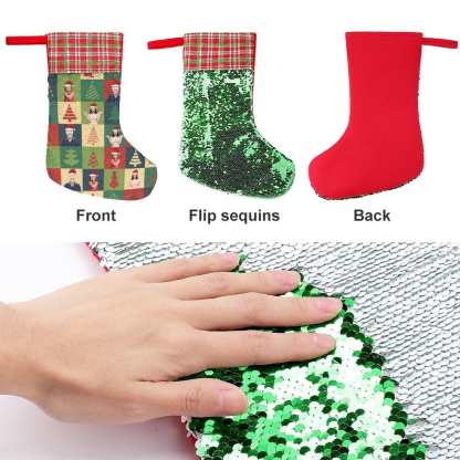 Custom 16.5in(L) Super Size-Custom Family Face Christmas Tree Lattice Flip Sequins Christmas Stocking - YesCustom
